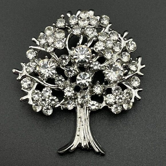 Silver with White Diamond Crystal Blooming Tree Pin Back Brooch - Picture 1 of 9
